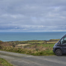 Pembroke shire, Wales - 03 01 2023: mobile home parked high on a cliff along the coastline of the atlantic ocean in Wales.